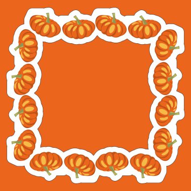 Parlak turuncu arka plan, resimli balkabaklarından oluşan dekoratif bir sınıra sahiptir. Bu tasarım sonbahar kutlamaları, Cadılar Bayramı veya hasat temalı el sanatları için mükemmeldir..