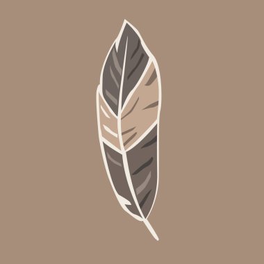 Kahverengi ve bronzlaşmış bir tüy. Kahverengi bir arka planda. Tüy uzun ve ince.