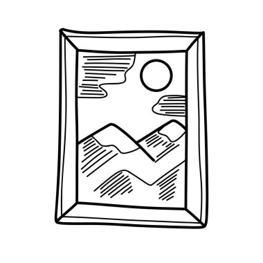 Elle çizilmiş bir illüstrasyon, parlak güneş ve kabarık bulutlarla bir dağ manzarasını tasvir eder. Çerçevelenmiş sanat eseri, sükuneti ve doğanın cazibesini çağrıştıran sakin bir açık hava sahnesini yakalıyor..