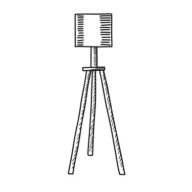 Bir eskiz, dikdörtgen gölgeli ahşap bir üç ayaklı lambayı resmediyor. Tasarım modern iç mekanlar için uygun minimalist bir estetik sergiliyor, basitlik ve zarafeti vurguluyor.