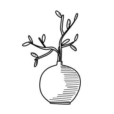 Yuvarlak bir vazo, minimalist bir tasarımın altını çizerek dışa doğru uzanan küçük yapraklı ince dallar içerir. Bu sanatsal düzenleme herhangi bir iç mekâna doğanın bir dokunuşunu ekler..