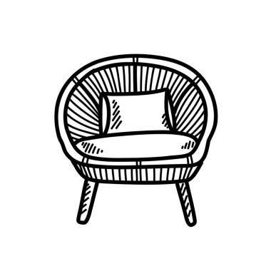 Bu çizim, çeşitli ayarlar için uygun peluş yastıklı şık bir örülmüş sandalyeye sahiptir. Eşsiz tasarımı her yere konfor ve zarafet katar..