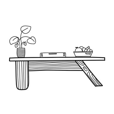 Ahşap bir masa bir tarafında saksı bitkisi, diğer tarafında da çeşitli meyveler barındırır. Tasarım, herhangi bir modern yaşam alanı için uygun temiz, minimalist bir estetik yakalıyor..