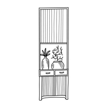 Ahşap bir raf, bitkilerle dolu iki dekoratif vazo ile uzun duruyor. Rafta, herhangi bir yaşam alanı için uygun bir işlevsellik ve stil karışımı oluşturan iki küçük çekmece bulunuyor..