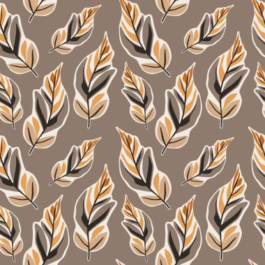 Toprak tonlarında çeşitli yaprakların ayrıntılı bir şablonu bej bir arkaplanda sergilenmektedir. Tasarım, kahverengi, siyah ve krem rengi yaprakların çeşitli şekillerini içererek, birleşik bir sonbahar estetiği oluşturur..