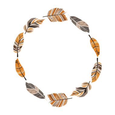 Turuncu, kahverengi ve gri tonlarında çeşitli sonbahar yapraklarından oluşan dairesel bir düzenleme mevsimsel güzelliği vurgular ve dekorasyon ve el sanatları için mükemmeldir..