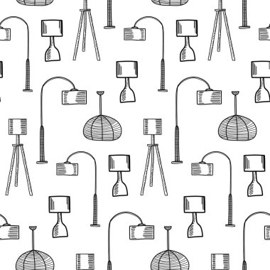 Ayakta, masada ve asılı stiller de dahil olmak üzere çeşitli lamba tasarımları, ev dekorasyonu veya tasarım projeleri için ideal beyaz arka plan üzerinde yinelenen bir desen içinde gösterilmiştir..