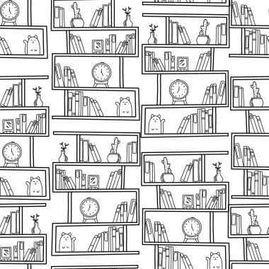 Büyüleyici bir illüstrasyonda kitaplar, dekoratif saatler ve gizlice bakan sevimli hayvanlarla dolu birçok kitaplık yer alıyor. Bu yaratıcı tasarım rahat ve eğlenceli bir atmosfer sergiliyor..