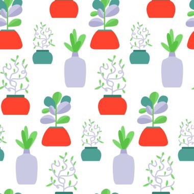 Renkli yeşilliklerle dolu çeşitli saksıların canlı bir şekilde düzenlenmesi ilgi çekici bir düzen yaratır. Tasarım kırmızı, yeşil ve mavi tencereleri farklı şekiller ve bitki stilleri içerir..