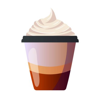 Katmanlı bir kahve bardağı, kremalı kremayla kaplanmış zengin kahverengi renkler içeren bir paket servis bardağında oturur. Bu harika ziyafet, rahat bir kafe molası için mükemmel..