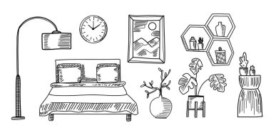 İyi döşenmiş bir yatak odasında yastıklı, dekoratif duvar resimli ve şık bitkiler sergilenir. Aydınlatma ve aksesuarlar sıcak ve davetkar bir alanı güçlendirir..