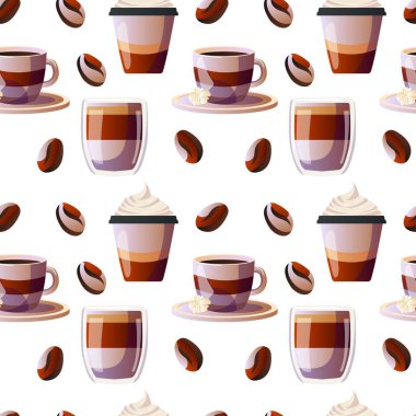 Canlı bir desen, fincanlar ve bardaklar da dahil olmak üzere çeşitli kahve fincanlarını sergiliyor ve etrafa kahve çekirdekleri serpiştiriyor. Estetik, sıcaklık ve içecek keyfine vurgu yapıyor..