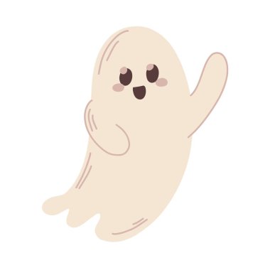 Neşeli hayalet illüstrasyonu, yükseltilmiş kol hareketi, Cadılar Bayramı kartları, posterler, dekorlar, hatıra defterleri ve ürkütücü temalı çocuk el sanatları için ideal..