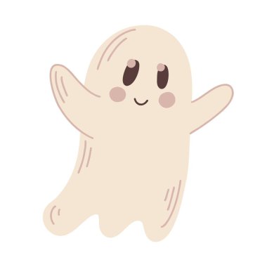 Kolunu kaldırmış, gülümseyen bir yüzü olan sevimli bir hayalet. Cadılar Bayramı dekorasyonu için ideal. Ürkütücü el sanatları, parti davetiyeleri ve çocuk projeleri..