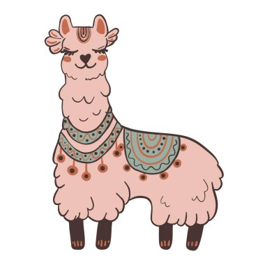 Renkli battaniyesi ve kolyesi olan sevimli lama. Çocuk ürünleri, posterler, baskılar ve hayvan temalı illüstrasyonlar için harika.