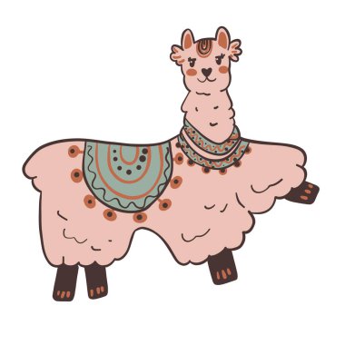 Şenlik battaniyesi ve kolyesi olan sevimli bir çizgi film lama. Çocuk tasarımları, hayvan sanatı, posterler ve tebrik kartları için mükemmel..