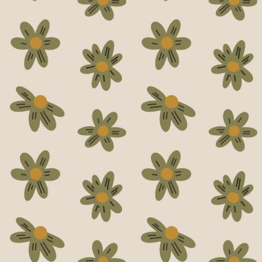 Sade çiçek desenli zeytin yeşili taç yaprakları ve bej üzerine kahverengi merkezli. Bahar dekoru ve tekstil için harika..