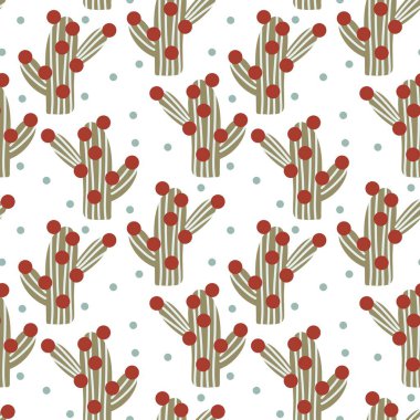 Kırmızı çiçekli, yumuşak pastel tonlu, şakacı kaktüssüz bir desen. Çocuklar için tekstil, dijital arka plan, el sanatları, ambalaj ve doğa temalı baskılar için harika..