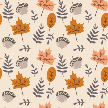 Sonbahar renk paletinde sonbahar yaprakları ve palamutlar pürüzsüz desen. Kumaş, ambalaj, hatıra defteri, arkaplan ve ambalaj için mükemmel