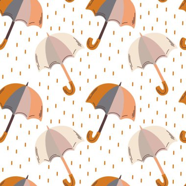 Şemsiyeli ve beyaz zemin üzerine düşen yağmur damlaları ile şirin düz vektör tarzında sonbahar pürüzsüz desen. Çocuklar için harika kumaş, ambalaj kağıdı, mevsimlik dekorasyon ve kırtasiye malzemeleri.
