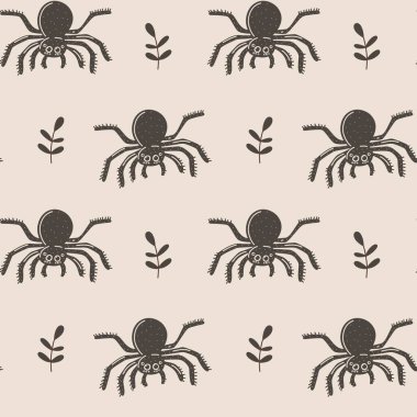 Siyah örümcekler ve bej arka planda dalları olan kusursuz desen ürkütücü Cadılar Bayramı tarzı, vektör illüstrasyonu.