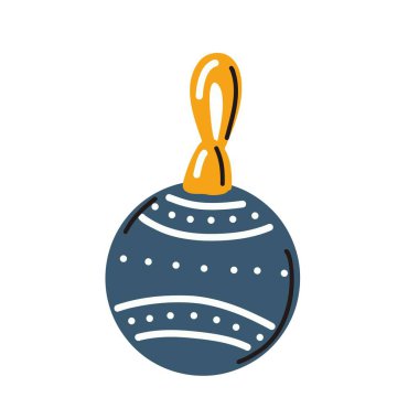 Yuvarlak asma Noel süsü koyu mavi içinde beyaz halk dekorasyonu ve kış tatili tasarımları için sarı kurdele..