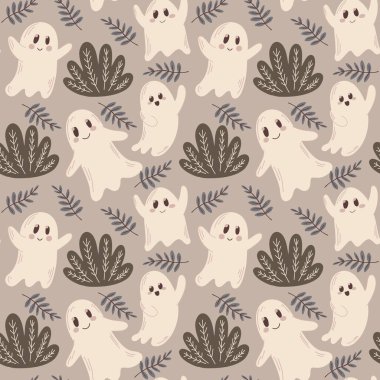 Tatlı hayaletler ve sıcak gri arka planda çalılarla kusursuz bir Cadılar Bayramı deseni. Çocuk parti malzemeleri, mevsimlik dekorasyon ve tekstil için mükemmel.