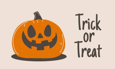 Cadılar Bayramı balkabağı jack o fener ile şaka mı şeker mi metin, karikatür vektör illüstrasyon bayram tebrik kartları, posterler, parti davetiyeleri, mevsimsel dekor.