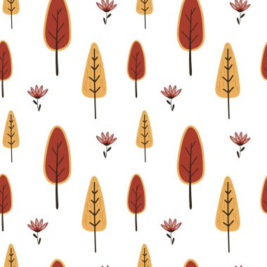 Kırmızı ve sarı şekilli ağaçlardan oluşan kusursuz sonbahar esinlenilmiş desen. Kumaş baskıları, ambalaj, kırtasiye ve mevsimsel çizimler için harika..
