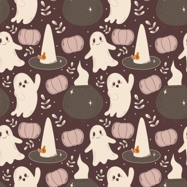 Cadılar Bayramı 'nda hayaletler, cadı şapkaları, kazanlar ve karanlık arka planda balkabaklarıyla kusursuz desenler. Ürkütücü tatil dekorları, çocuk ambalajları ve tekstil ürünleri için harika.