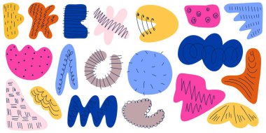 Karalama dokuları olan soyut renkli geometrik ve organik şekiller, modaya uygun arka planlar için modern maksimalizm vektör çizimi, geçmişe dönük nostaljik baskılar, çağdaş dekor.