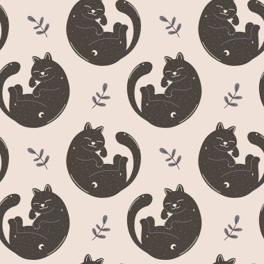 Tatlı siyah kedisi uyuyan kusursuz desen, Cadılar Bayramı için çizgi film vektör çizimi, çocuk tekstili, ambalaj kağıdı, kumaş tasarımı, sonbahar dekoru..