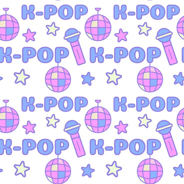 K-pop temalı pürüzsüz kalıp, metin, mikrofon, disko topu ve pastel palet, tekstil ve web tasarımı için yıldızlar.