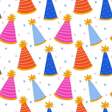 Doğum günü partisi şapkaları kusursuz, çocuklar için şenlikli duvar kâğıdı, tekstil ve hediye paketleme tasarımı..