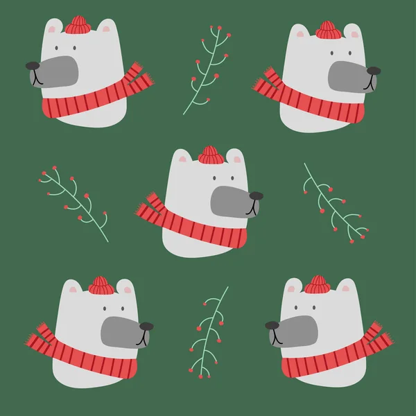 Christmas White Polar Bear Head Pattern Green Background Vector Illustration — Stock Vector