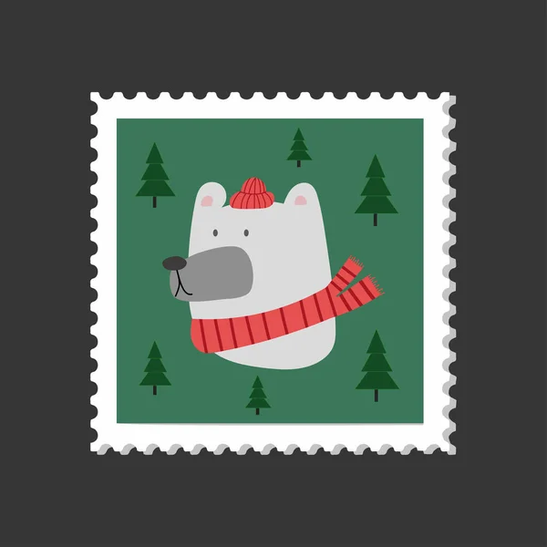Carimbo Postal Natal Com Cabeça Urso Polar Branco Ilustração Vetorial — Vetor de Stock