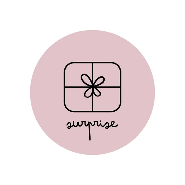 Christmas gift surprise icon on a pink round backround in doodle style. Illustration for banners, posters, websites. Raster
