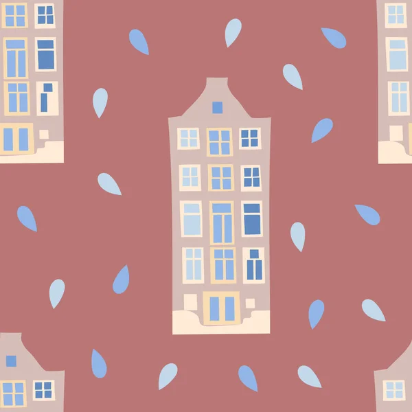 Winter Amsterdam Cozy Cute House Seamless Pattern Pink Background Raster — Stock Photo, Image