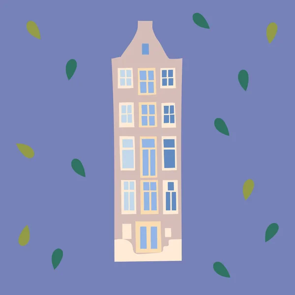 Amsterdam Acogedora Linda Casa Ilustración Sobre Fondo Azul Ilustración Vectorial — Vector de stock