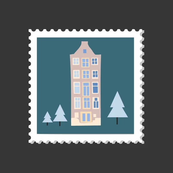 Winter Amsterdam Gezellig Schattig Huis Postzegel Een Blauwe Achtergrond Rasterillustratie — Stockfoto