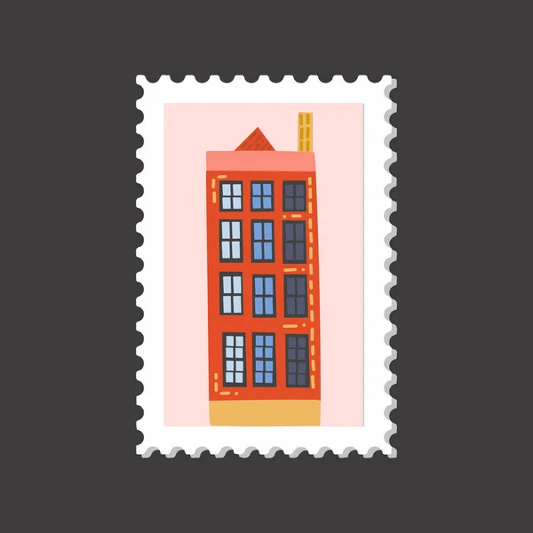 stock vector Amsterdam cozy and cute house postage stamp on a pink background.