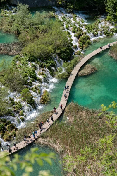 Plitvice Ulusal Parkı 'nda turkuaz suda ahşap bir yolda yürüyen insanlar - Hırvatistan.