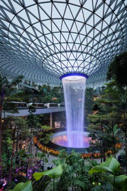 Singapur havalimanı yağmur girdabı ve yemyeşil bitki örtüsü arasında demiryolu