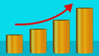 gold chart with coins, animated of heaped gold coins, success stairs with upward arrow-money making stairs graph with upward arrow clipart