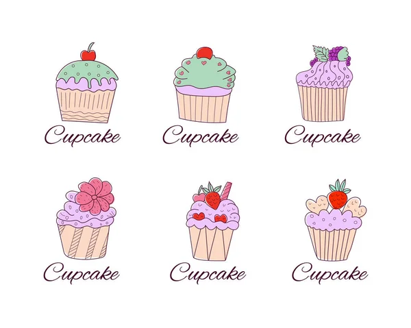Set Cute Vector Cupcakes Yogurt Logo Type Icon Doodle Style — Stock Vector