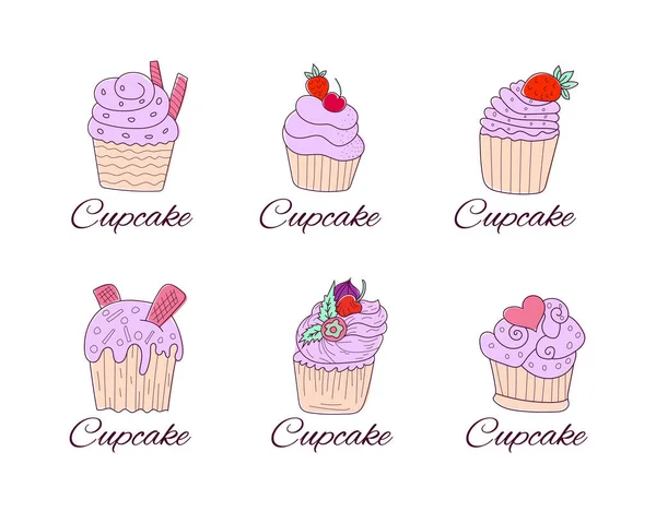 一组可爱的矢量纸杯蛋糕和酸奶标志类型图标 涂鸦风格 — 图库矢量图片