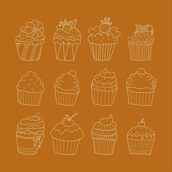 Σύνολο Χαριτωμένα Vector Cupcakes Και Εικονίδιο Γιαουρτιού Στυλ Doodle — Διανυσματικό Αρχείο