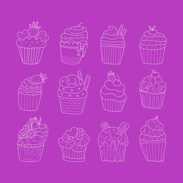 Σύνολο Χαριτωμένα Vector Cupcakes Και Εικονίδιο Γιαουρτιού Στυλ Doodle — Διανυσματικό Αρχείο
