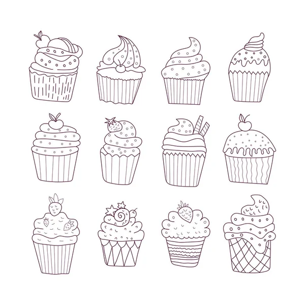 一套可爱的矢量纸杯蛋糕和酸奶图标的涂鸦风格 — 图库矢量图片