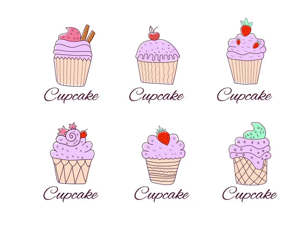 かわいいベクトルカップケーキとヨーグルトのロゴの種類のアイコンのセットドアスタイル ロイヤリティフリーストックベクター